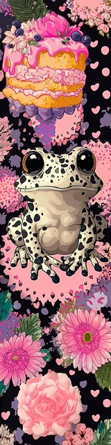 Free kawaii frog bookmark featuring specked kawaii frog with cake